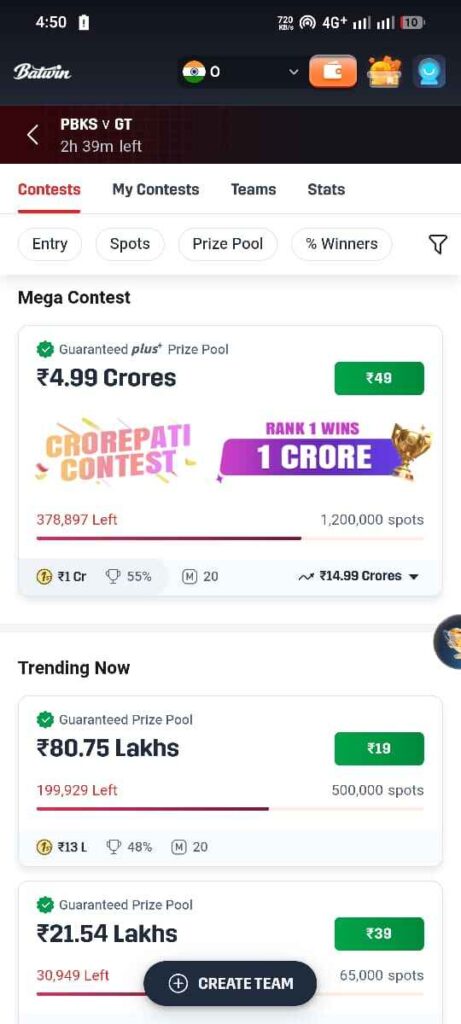 BatWin latest version app showing betting options and casino features