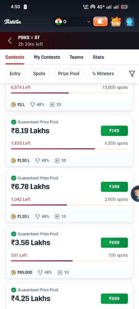 BatWin IPL 2026 live betting screen with odds and casino options