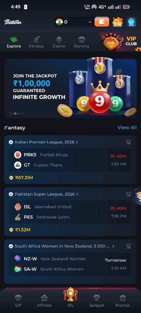 BatWin IPL 2026 live betting screen with odds and casino options